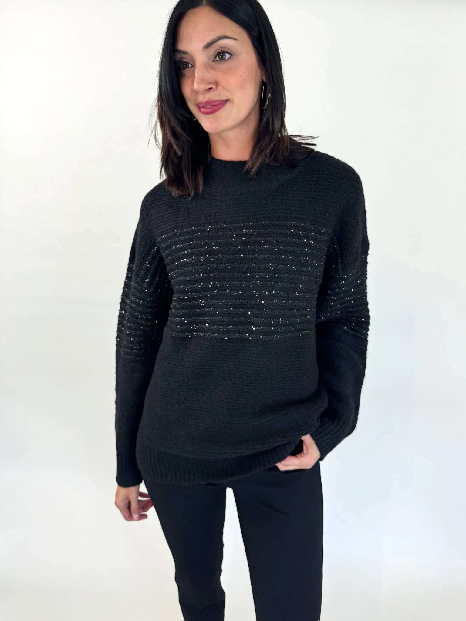 Sport Flex Wear Smart Look Aubrey High Neck Black Sequin Sweater