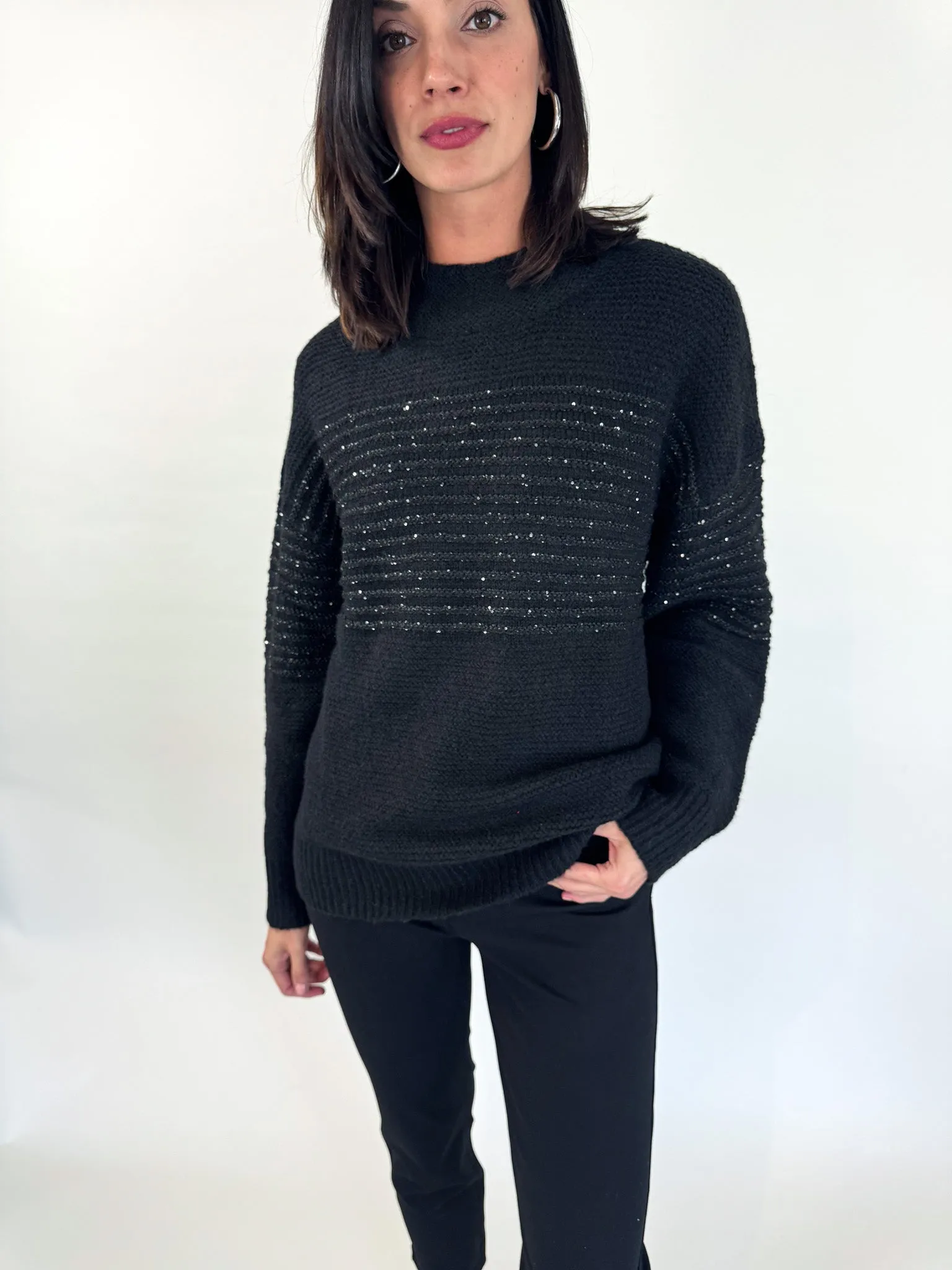 Aubrey High Neck Black Sequin Sweater Comfort Stretch