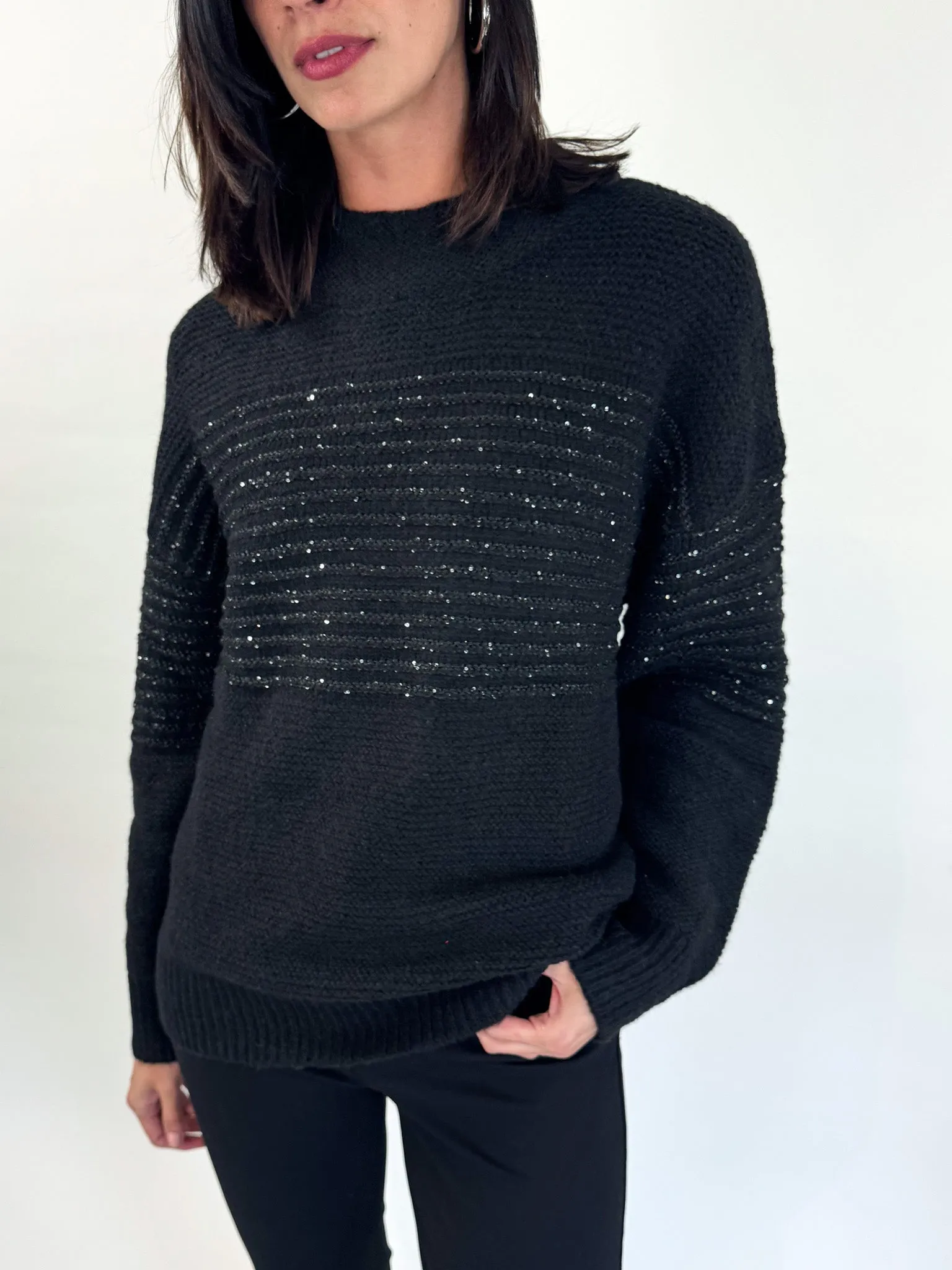 Aubrey High Neck Black Sequin Sweater Eco Friendly Knitwear Chilly Days
