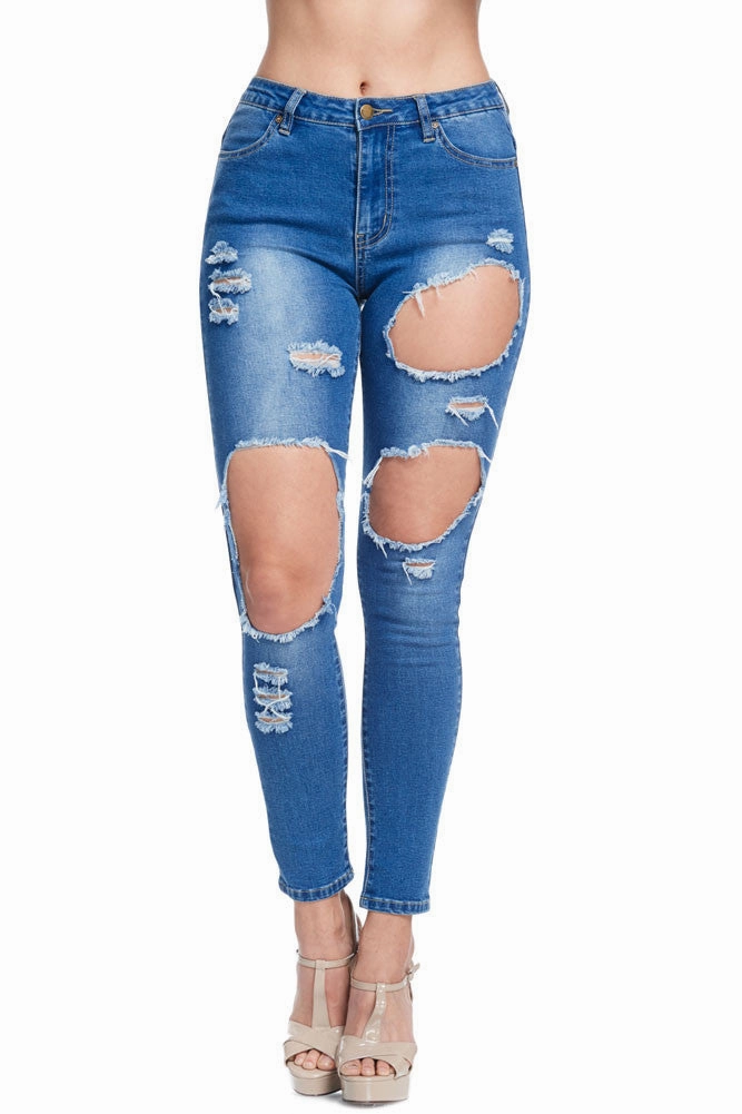 Women's High-Rise Holey Ripped Skinny Jeans Street Comfort Minimal Fit