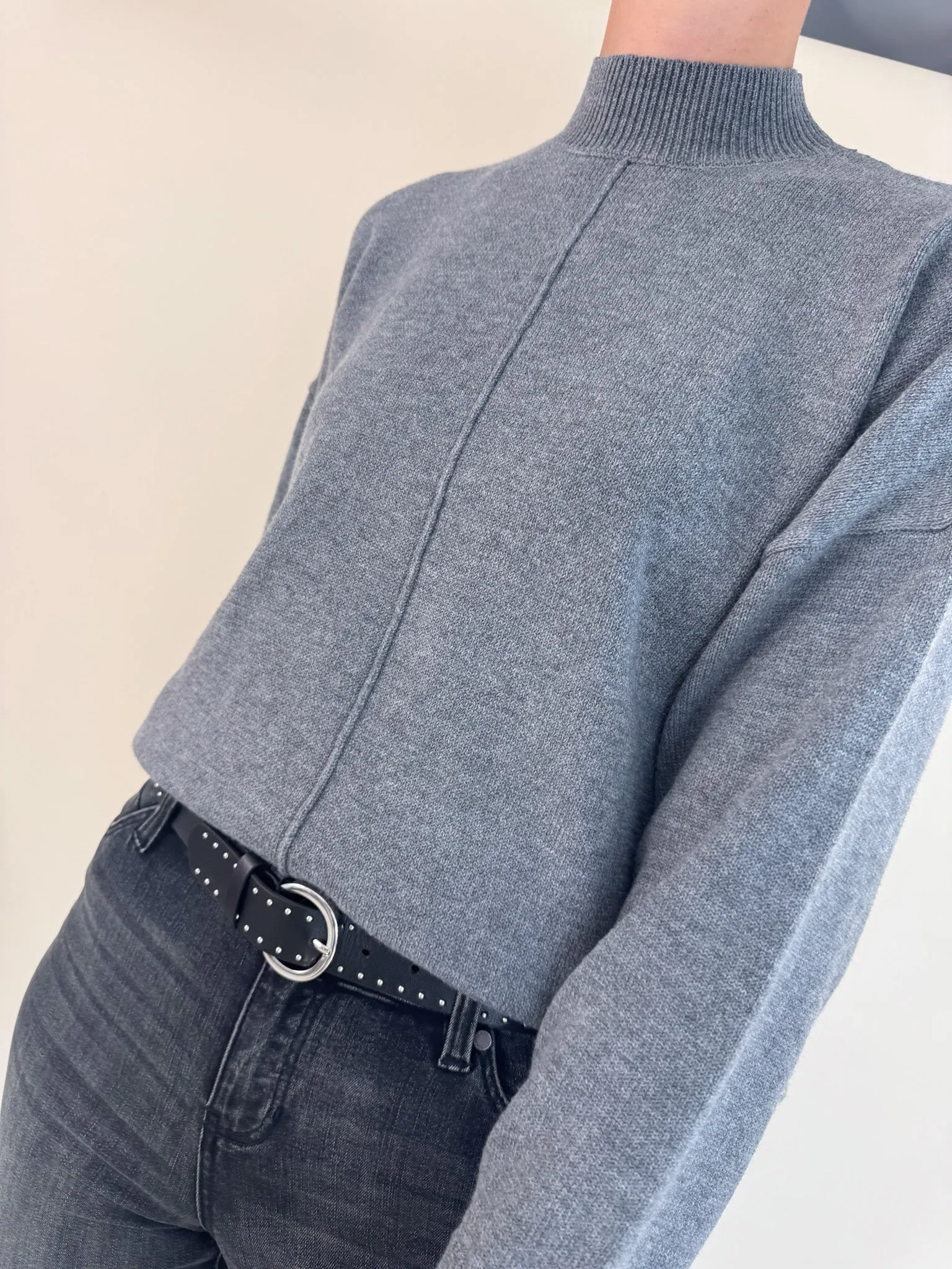 Tactile Grid Knit Carmen Mock Neck Sweater- Charcoal