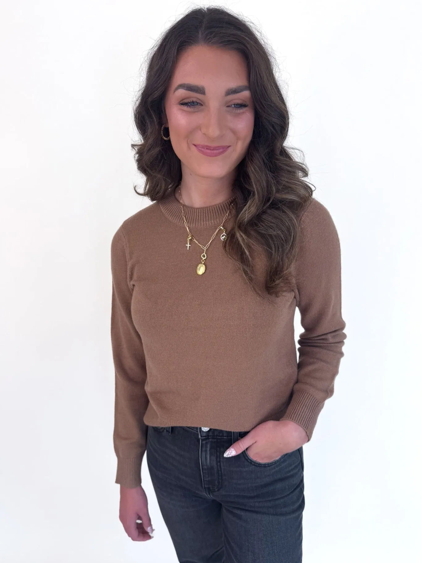 Easy Movement elastic waistband Classic Crew Cozy Sweater- Clay