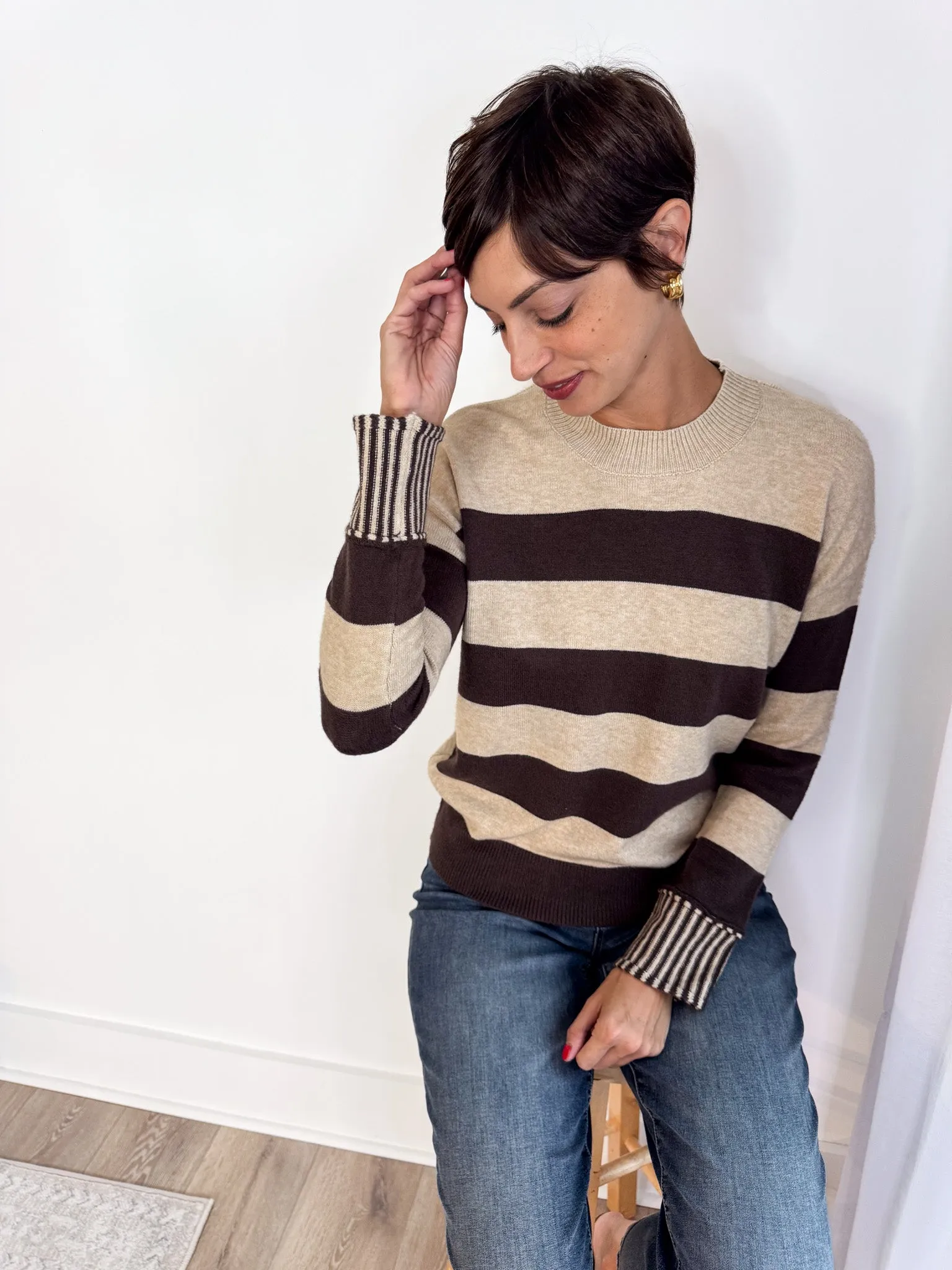 Flex Knit Ribbing Drop Shoulder Cut Chocolate Striped Sweater