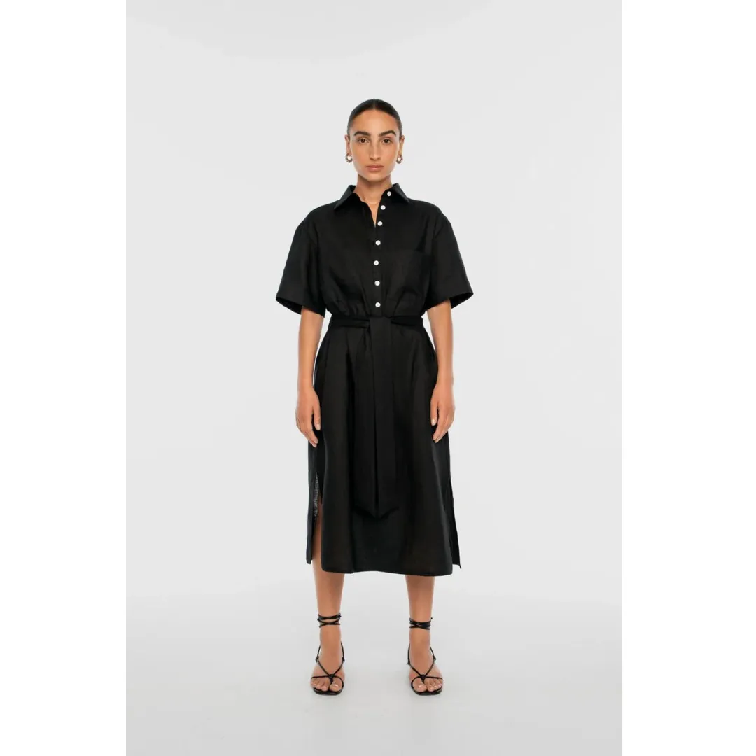 DAL THE LABEL Linen Midi Shirtdress, Black Flawless Waistband Fit Stain-Guard-Finish