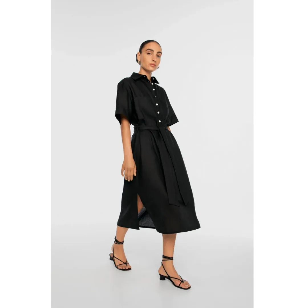 warm tones DAL THE LABEL Linen Midi Shirtdress, Black