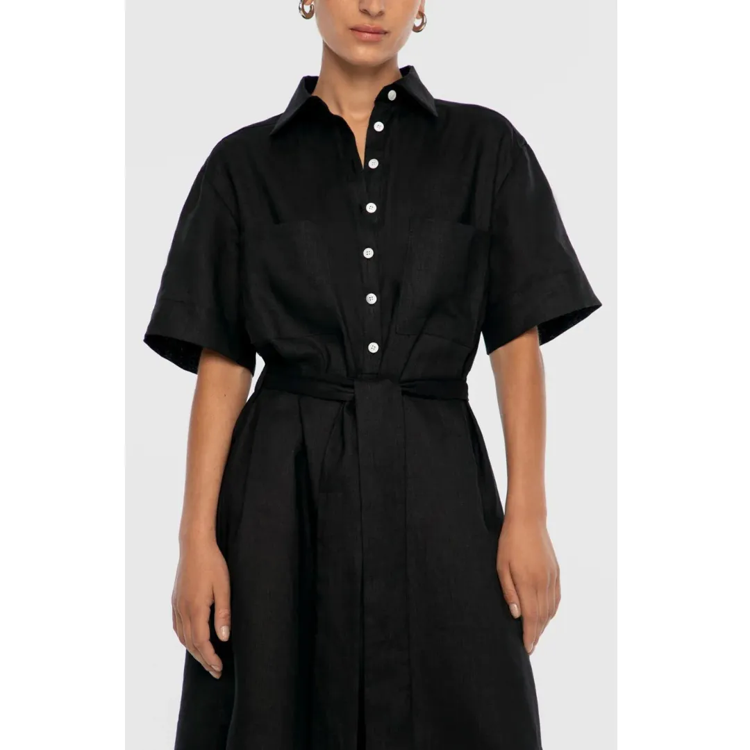 DAL THE LABEL Linen Midi Shirtdress, Black Skirt Flare