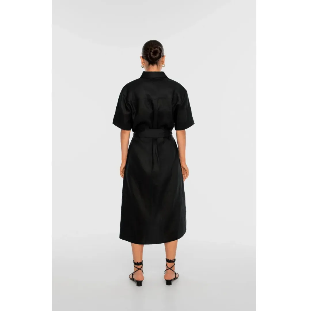 DAL THE LABEL Linen Midi Shirtdress, Black Subtle Look