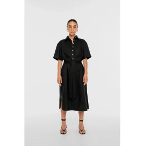 DAL THE LABEL Linen Midi Shirtdress, Black Flawless Waistband Fit Stain-Guard-Finish