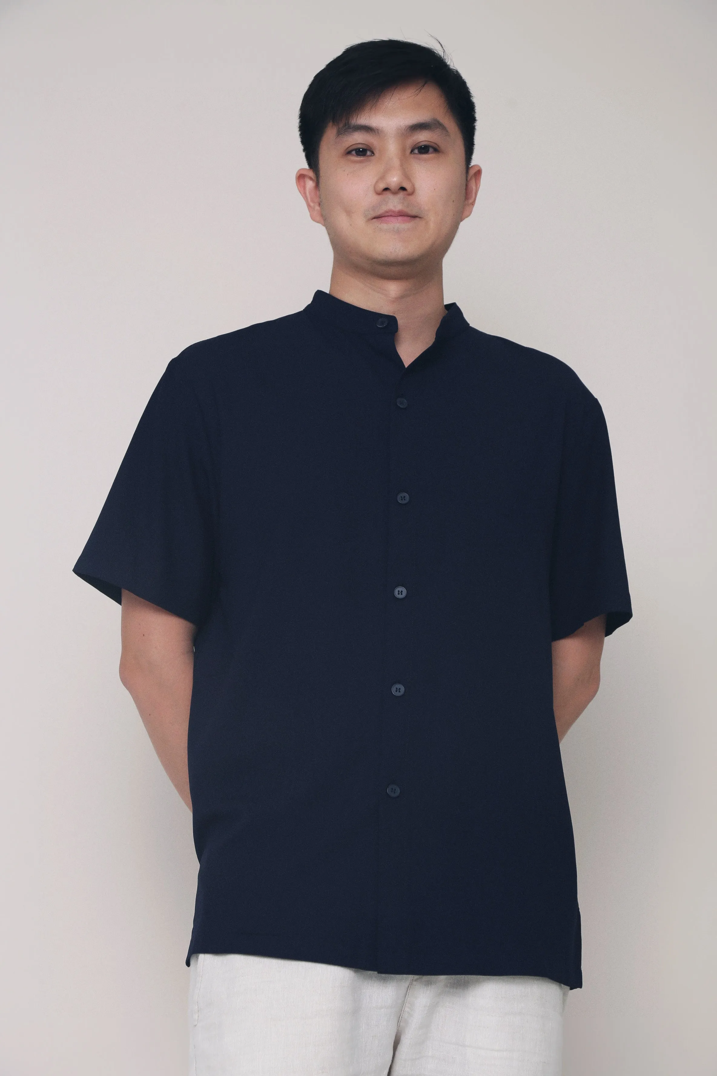 Ethically Sourced Yarn Office Look CNY Archie Band Collar Shirt Navy
