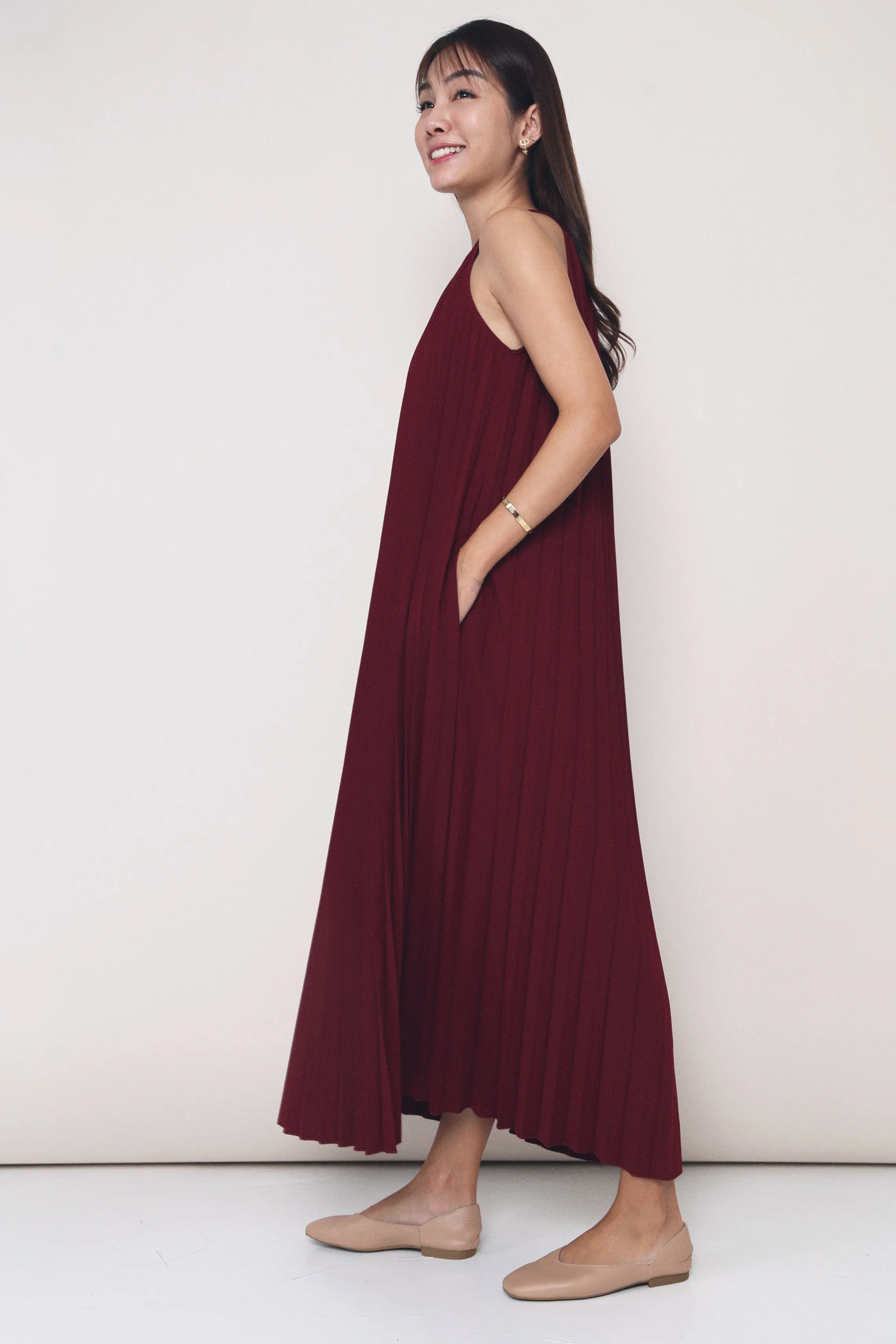 Softly Structured CNY Hope Pressed Pleat Midaxi Dress Burgundy