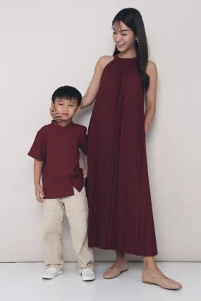 Soft Cut Cozy Flex CNY Hope Pressed Pleat Midaxi Dress Burgundy