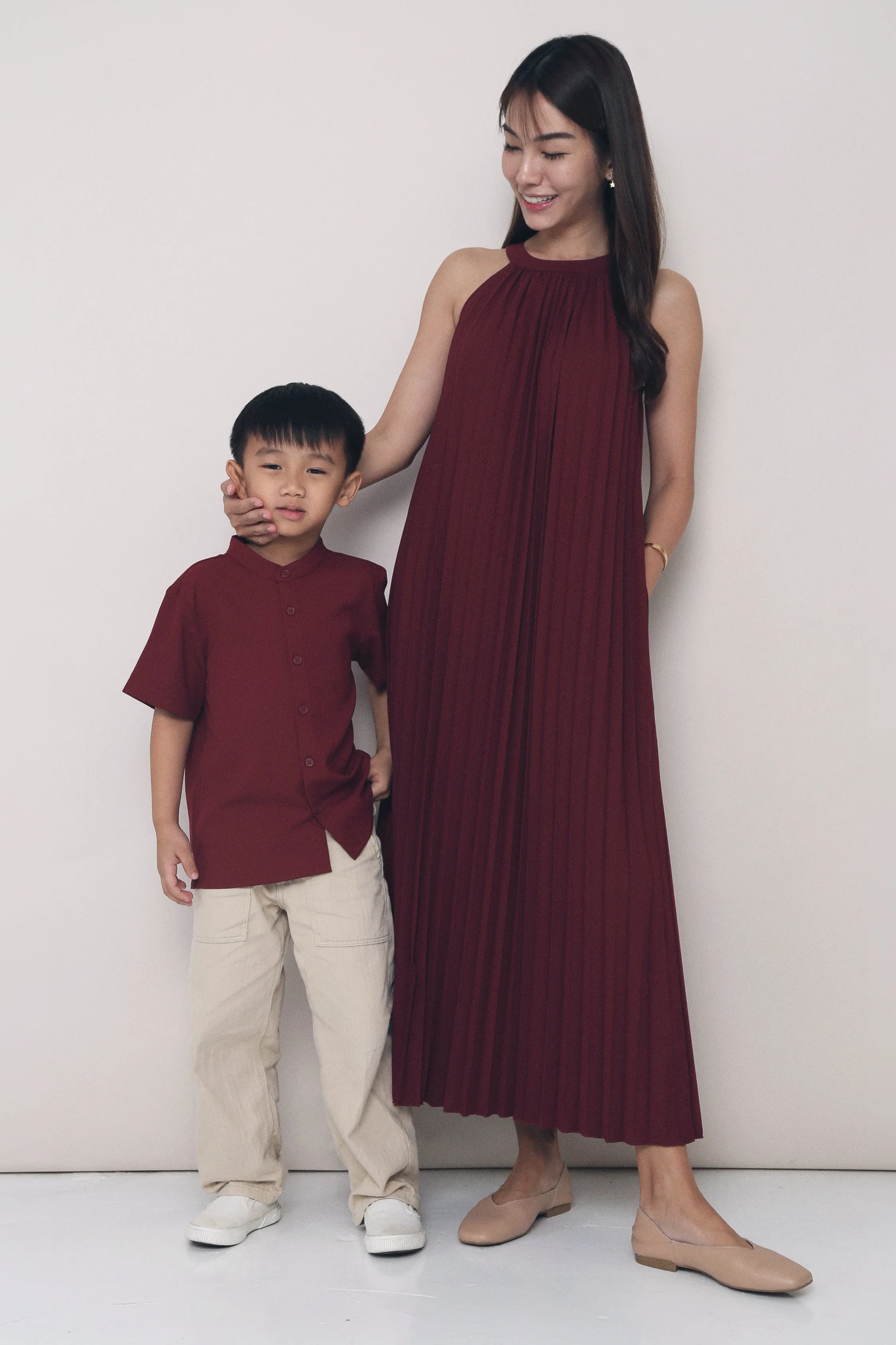 Soft Cut Cozy Flex CNY Hope Pressed Pleat Midaxi Dress Burgundy