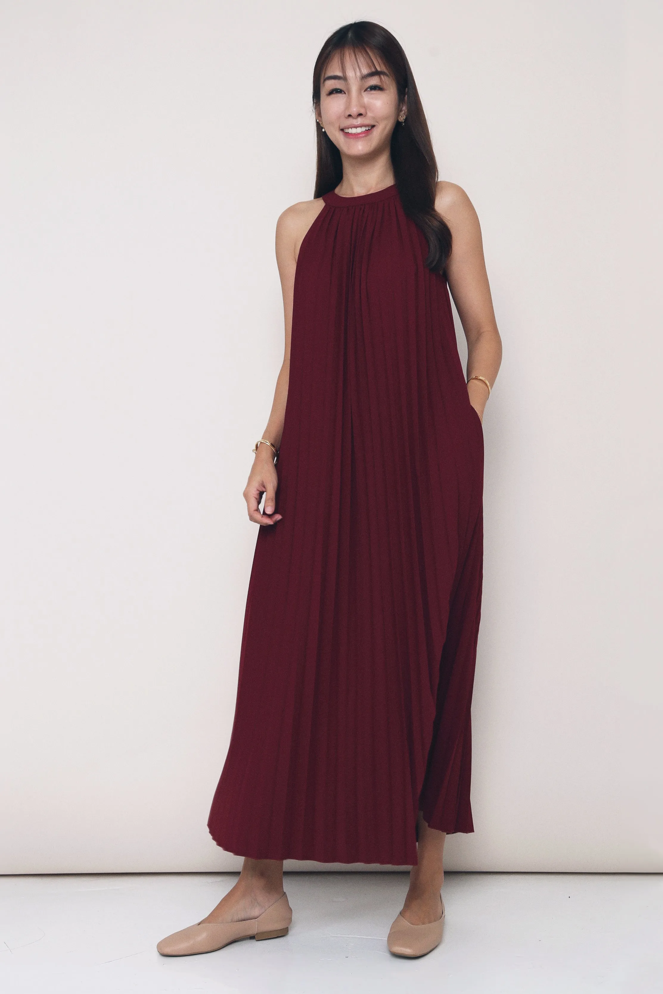 Feminine full-length gown Natural Drape CNY Hope Pressed Pleat Midaxi Dress Burgundy