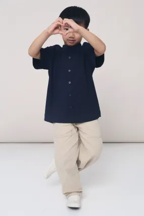 CNY MINI Archie Band Collar Shirt Navy Layered Panel Construction FlatlockSeams
