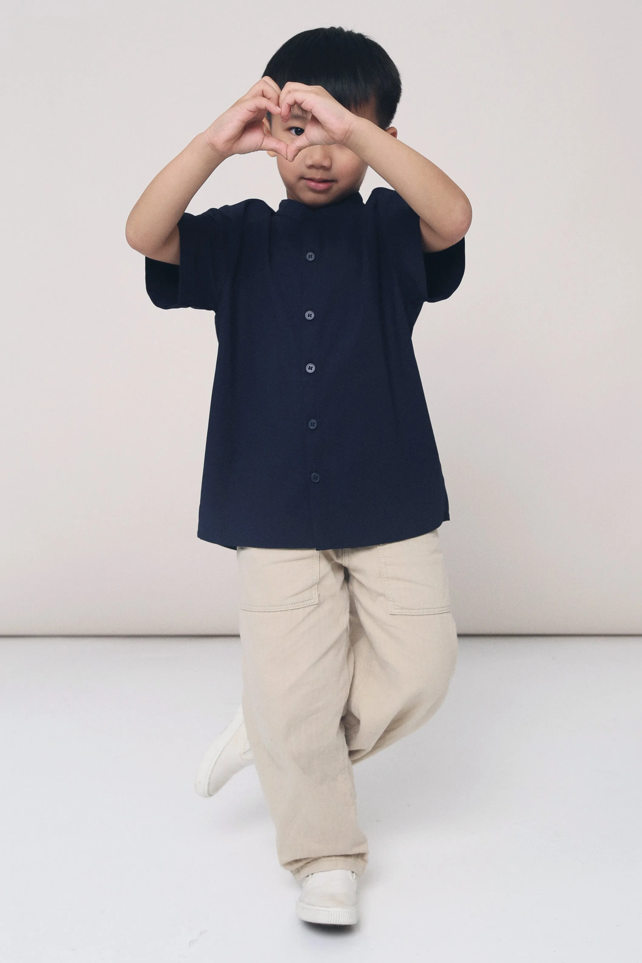 CNY MINI Archie Band Collar Shirt Navy Layered Panel Construction FlatlockSeams