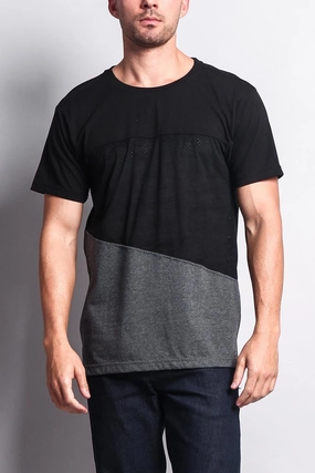 DoubleLayered Durable Stitch Pattern Colorblock Poly Suede Mesh T-Shirt