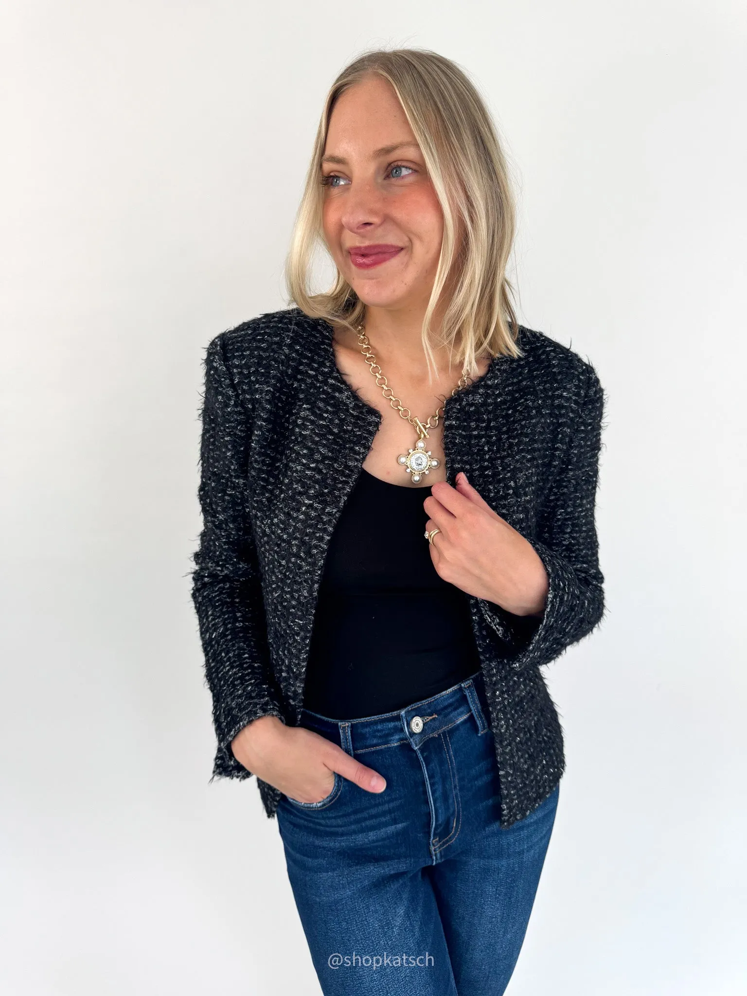 Comfort Stretch Fit Snuggle Ready Mariah Black & Silver Elevated Cardigan