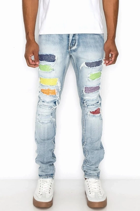 Multi Color Diamond Denim Jeans Anti Odor Treatment Breathable Stretch