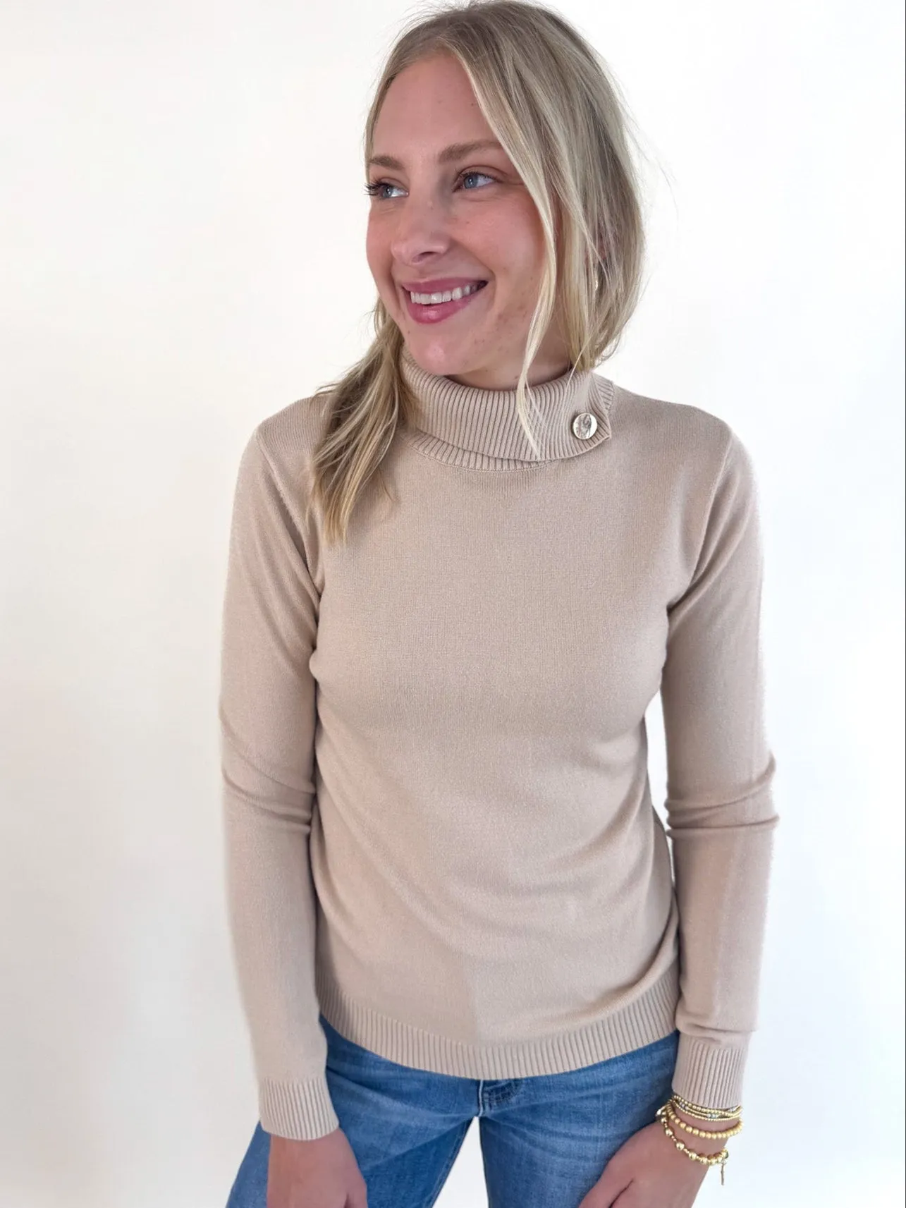 Abrasion Resistant Edging Button Accent Beige Turtleneck Sweater