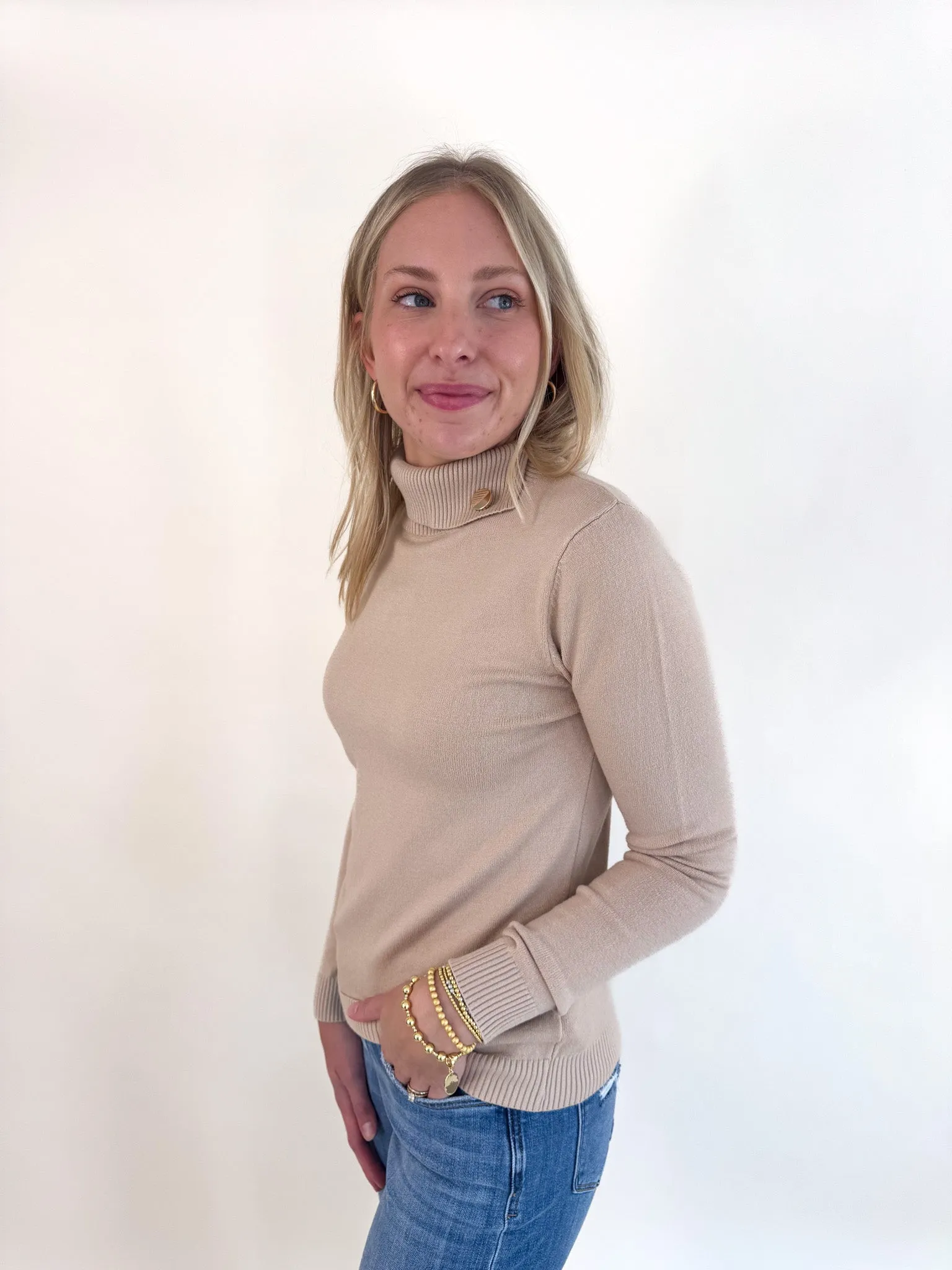 Chilly Season Flexible Waistband Button Accent Beige Turtleneck Sweater