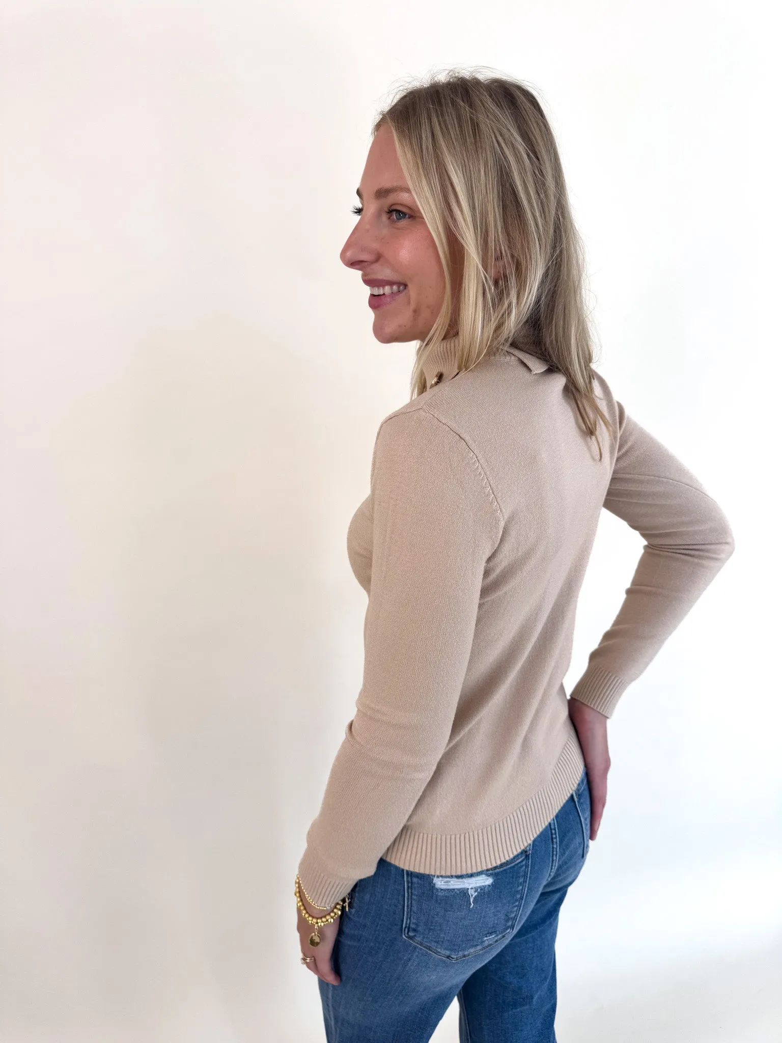 Cold Day Outfit Lightweight Style Button Accent Beige Turtleneck Sweater