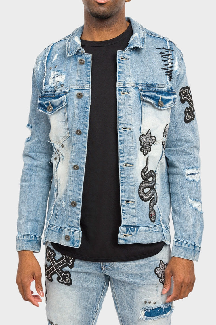Crystals embellished patches studded Denim Jacket Flexible Joint Articulation