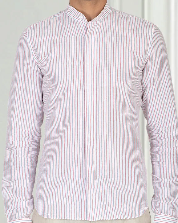 Organic Cotton Cotton Linen: Red Blue Alternate stripes On White Shirt