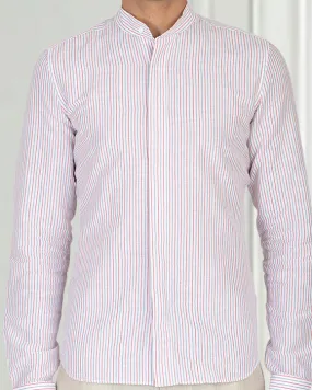 Organic Cotton Cotton Linen: Red Blue Alternate stripes On White Shirt