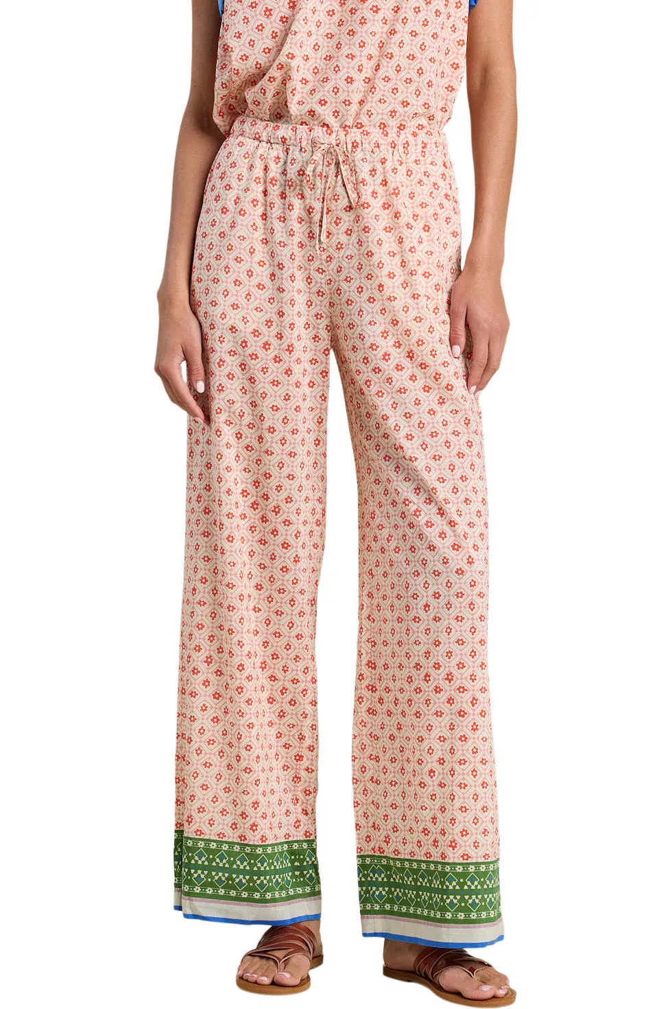 High Waist All Day Use Trovata Birds of Paradis Vera Pants in Santorini Border