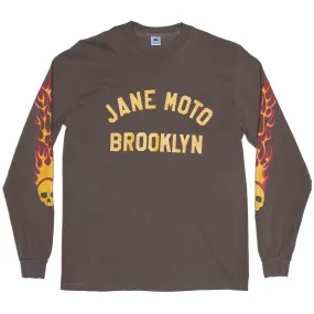 FLAMING SKULL LONG SLEEVED T-SHIRT - Garment Dyed Brown Chilly Style
