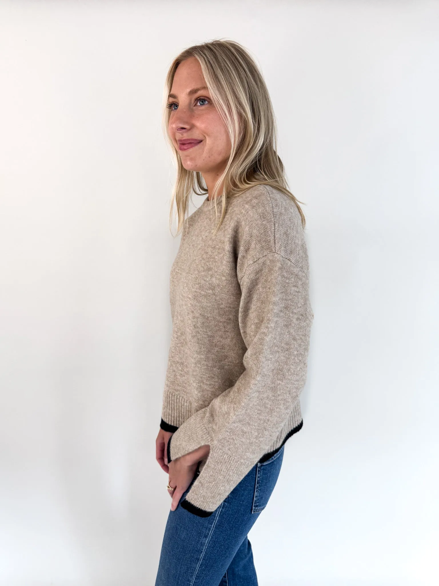 Angelina Cuff Slit Crew Neck Sweater Layered Fashion