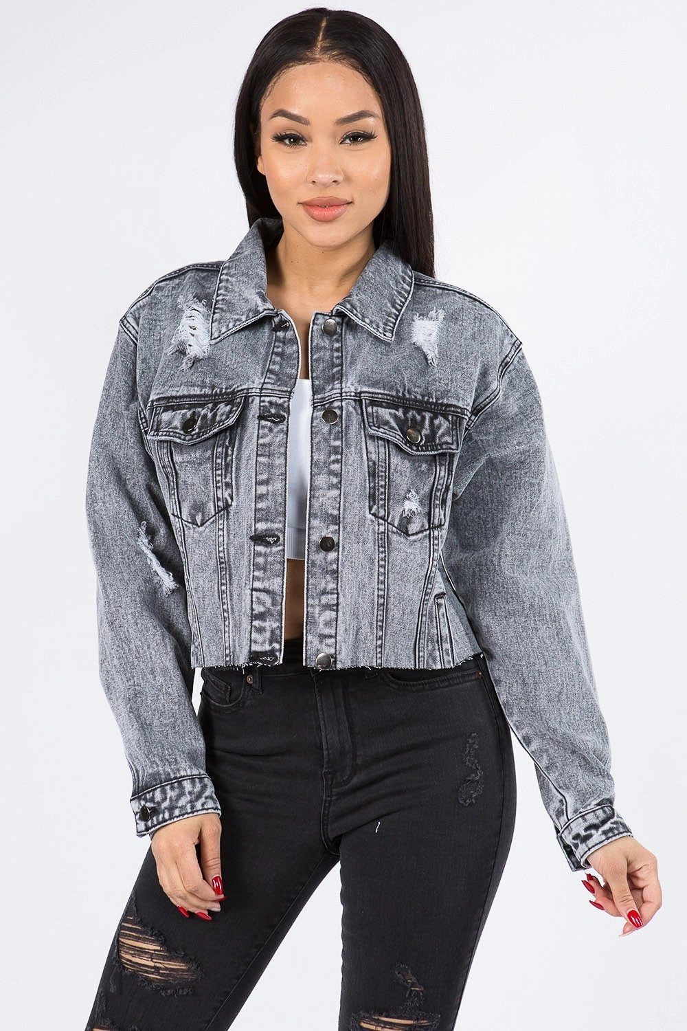Anti Static Treatment Reinforced Shoulder Panels Cropped Chained Denim Jacket