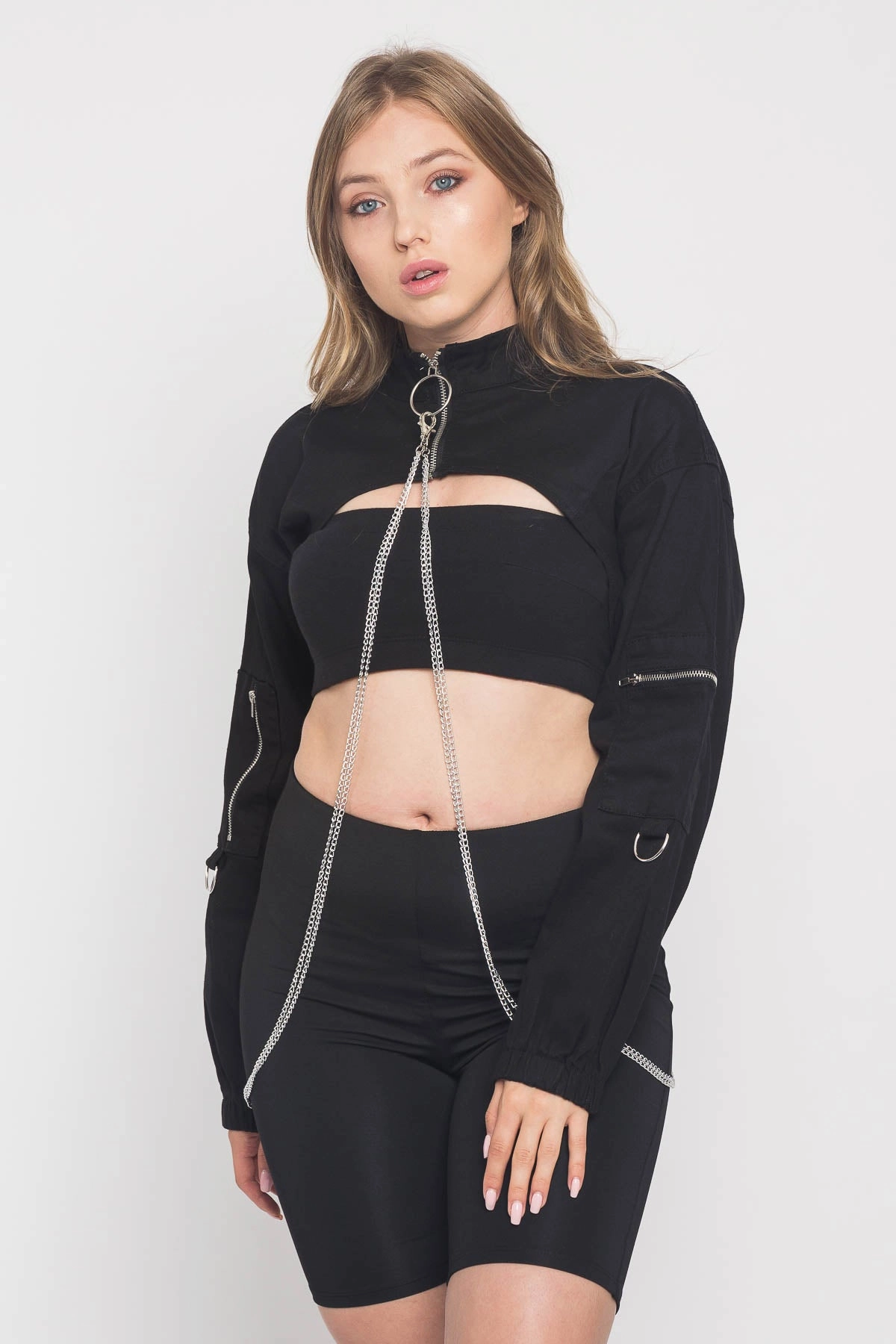 Cropped Shirt Jacket with Chains Reinforced Shoulder Protection