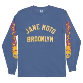 Boat neck style FLAMING SKULL LONG SLEEVED T-SHIRT - Garment Dyed Dusty Blue