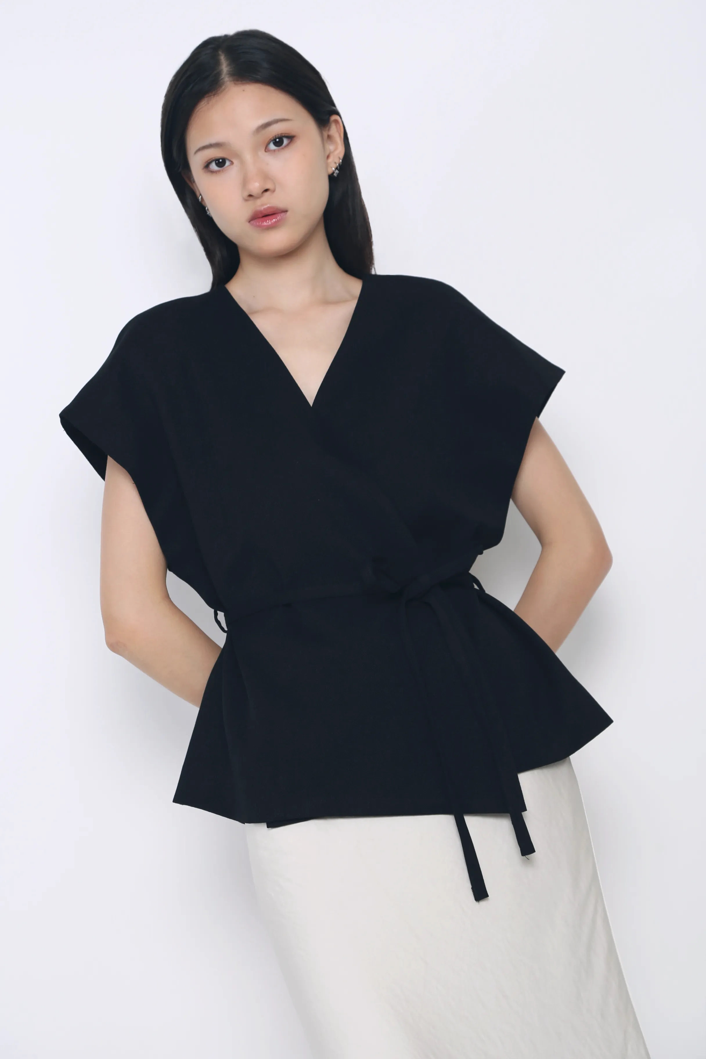 Dawn Kimono Wrap Blouse Black (Restock) Everyday Comfort Fit Double Faced Jersey Knit