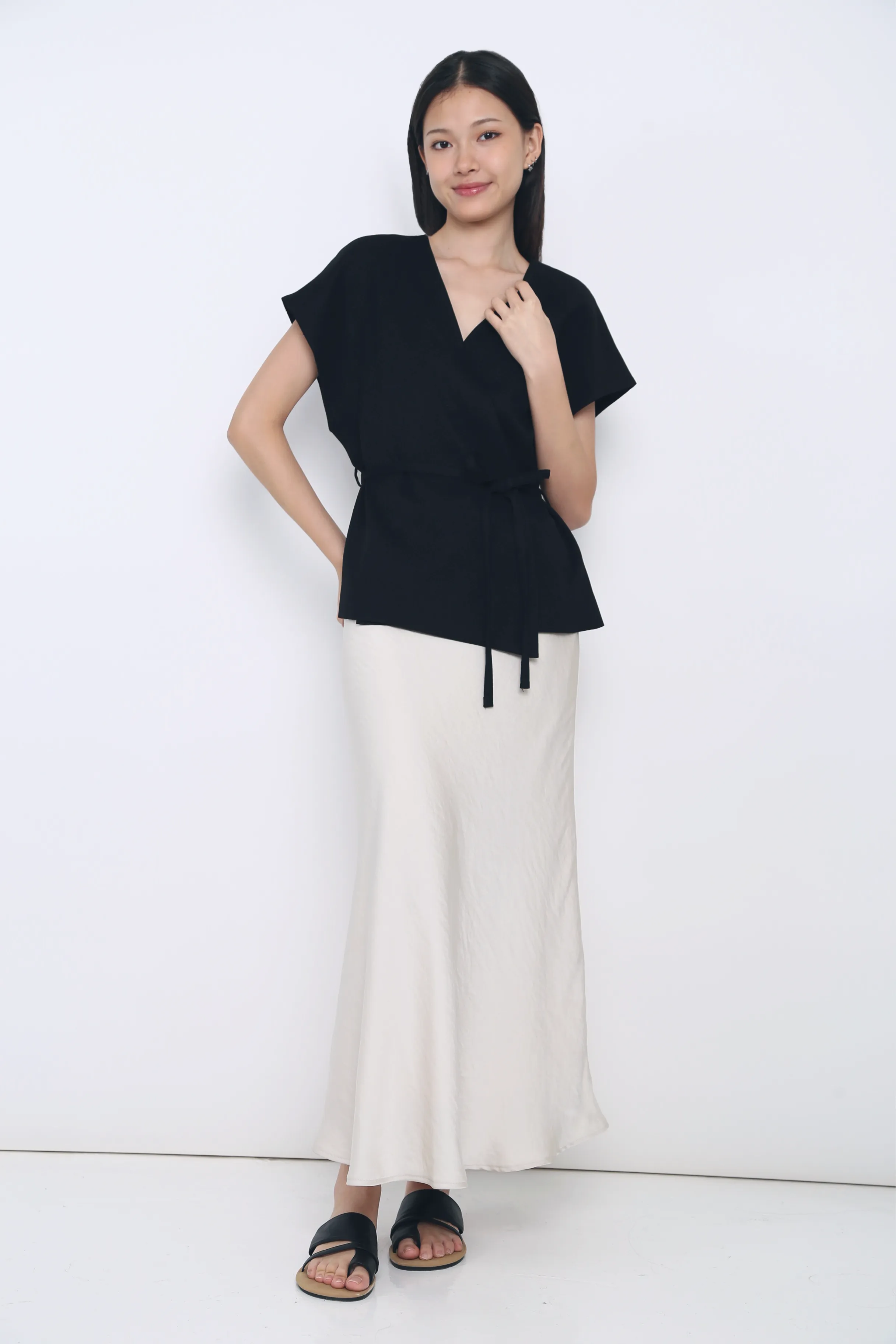 V Neck Design Dawn Kimono Wrap Blouse Black (Restock)