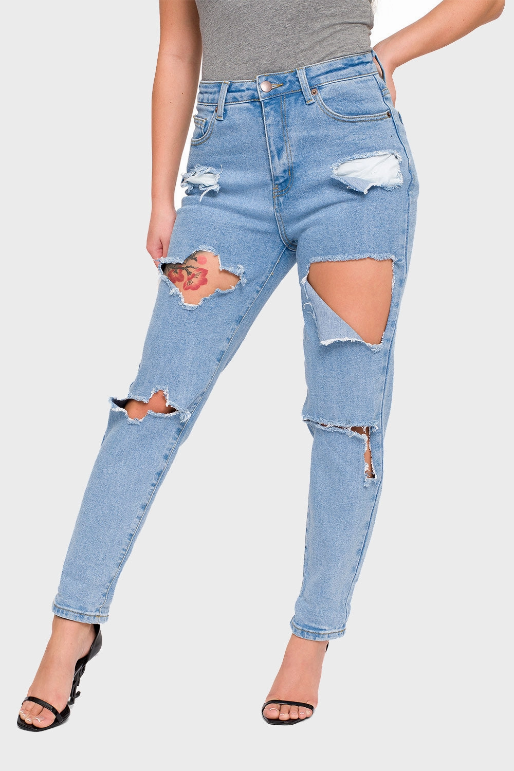 Flexible Gusset Design Destroyed Cropped High Rise Boyfriend Jeans