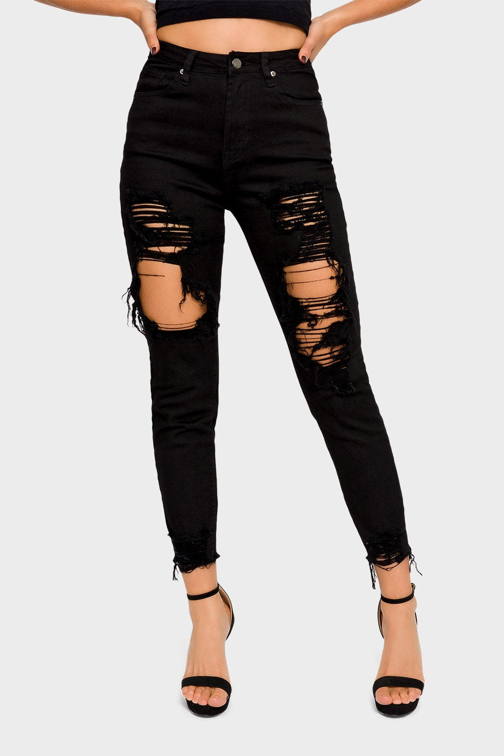Destroyed High Rise Skinny Jeans Quick Comfort Design High Density Weave