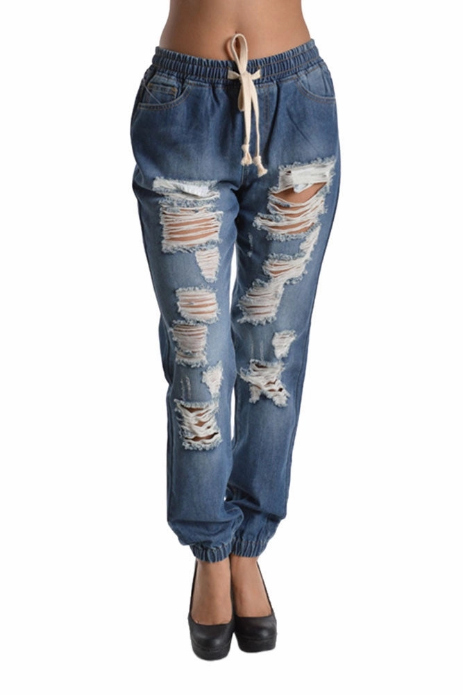 Comfy Texture Everyday Comfort Fit Destructed Denim Jogger Pants