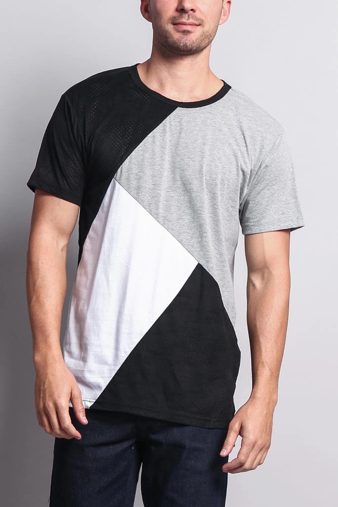 Diagonal Colorblock Poly Suede Mesh T-Shirt Simple Pullover