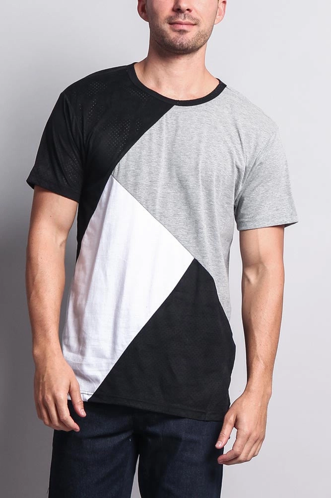 Taped Neckline Diagonal Colorblock Poly Suede Mesh T-Shirt