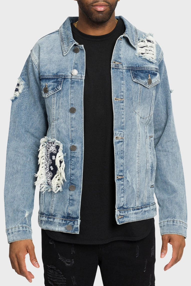 Reflective accents Distressed Bandana Paisley Patched Denim Jacket