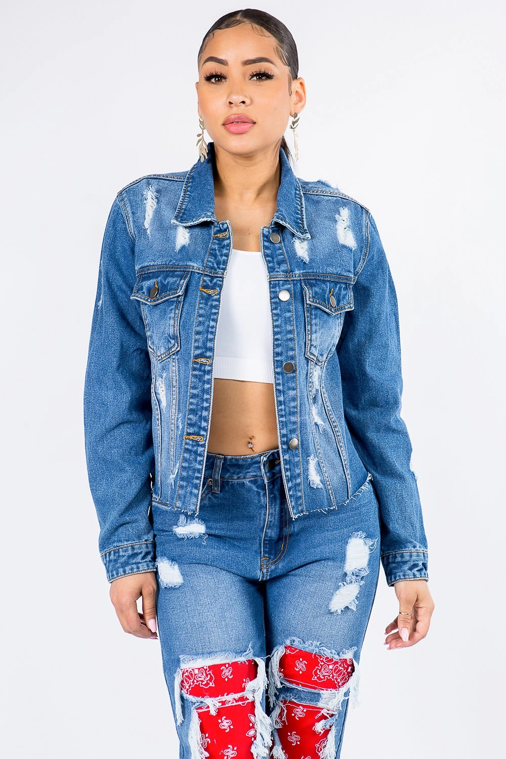 Distressed Bandana Patchwork Denim Jacket Windproof Technology Modern Street