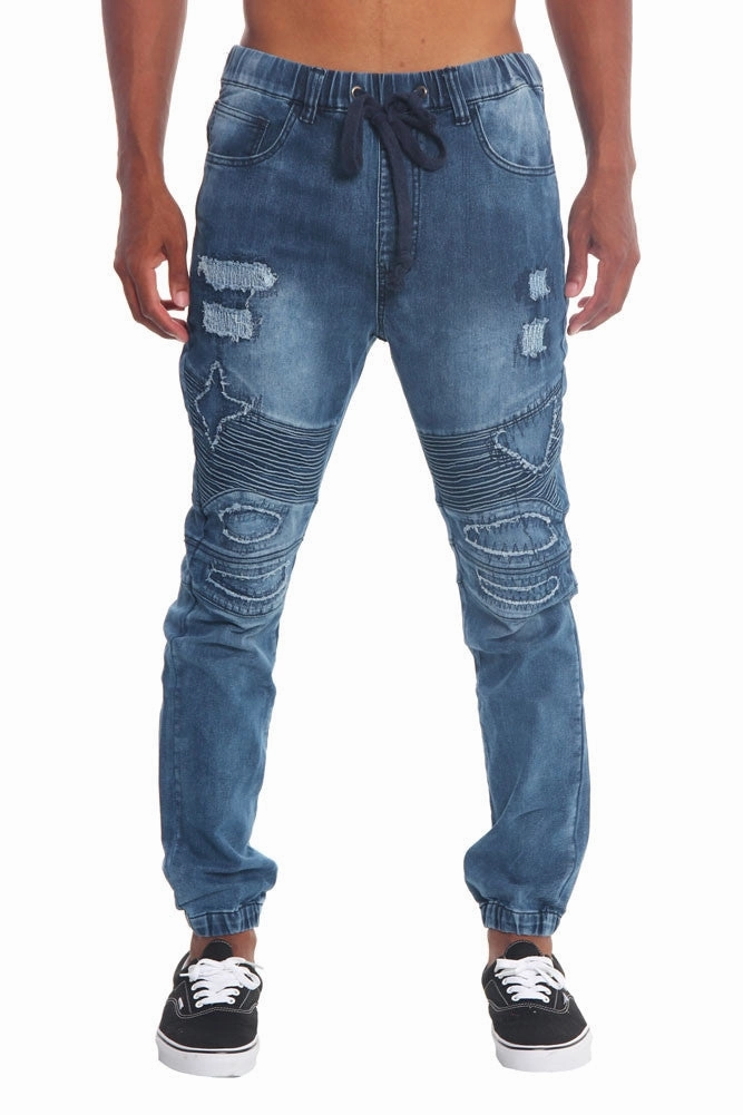 Stretchable Design AbrasionResistantFabric Distressed Biker Denim Jogger Pants