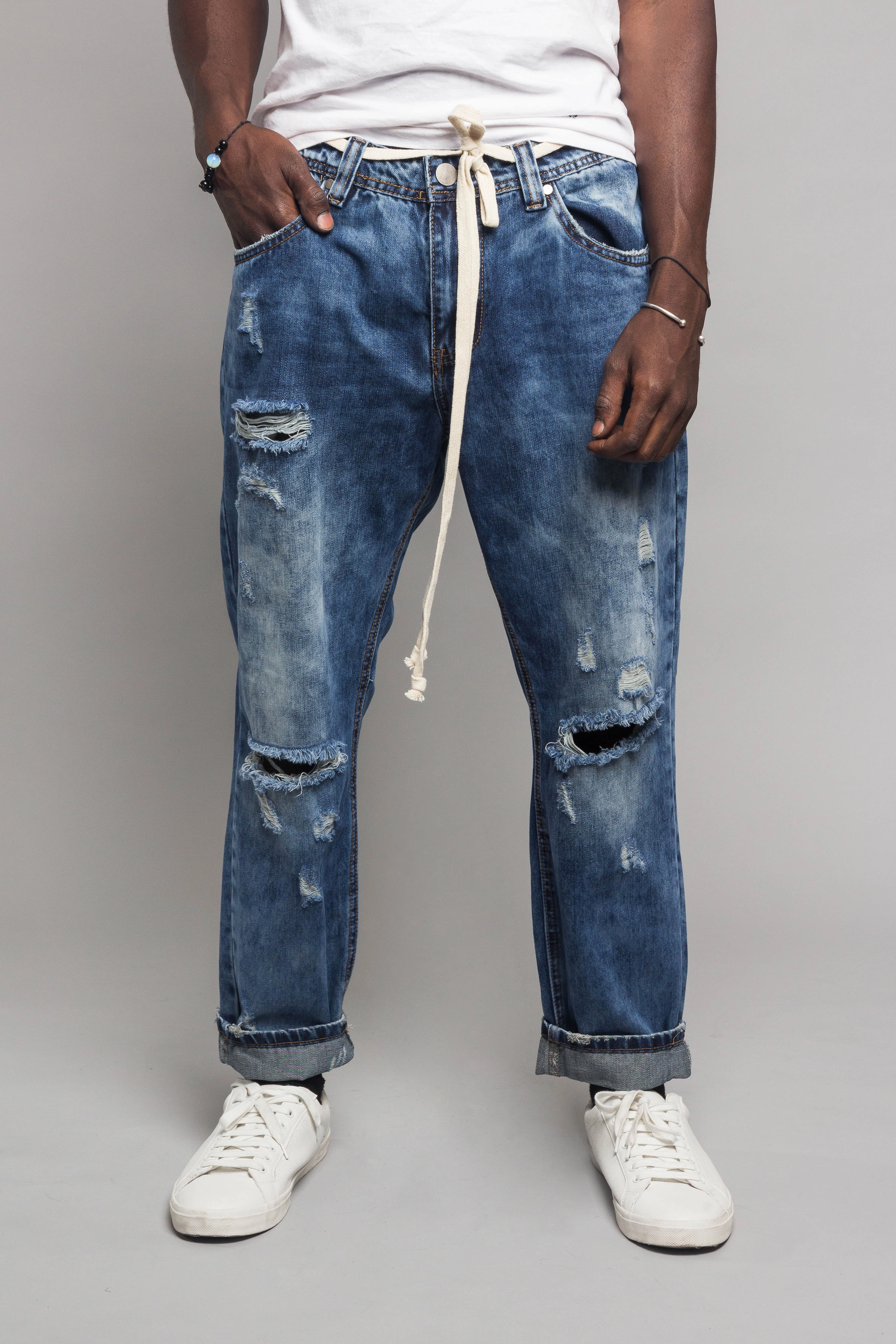 Anti Slip Waistband Distressed Cropped Jeans