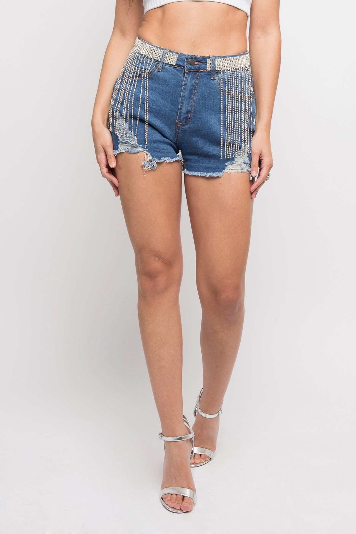 Distressed Crystal Belt Chain Shorts BreathableLining AntiPillingFabric