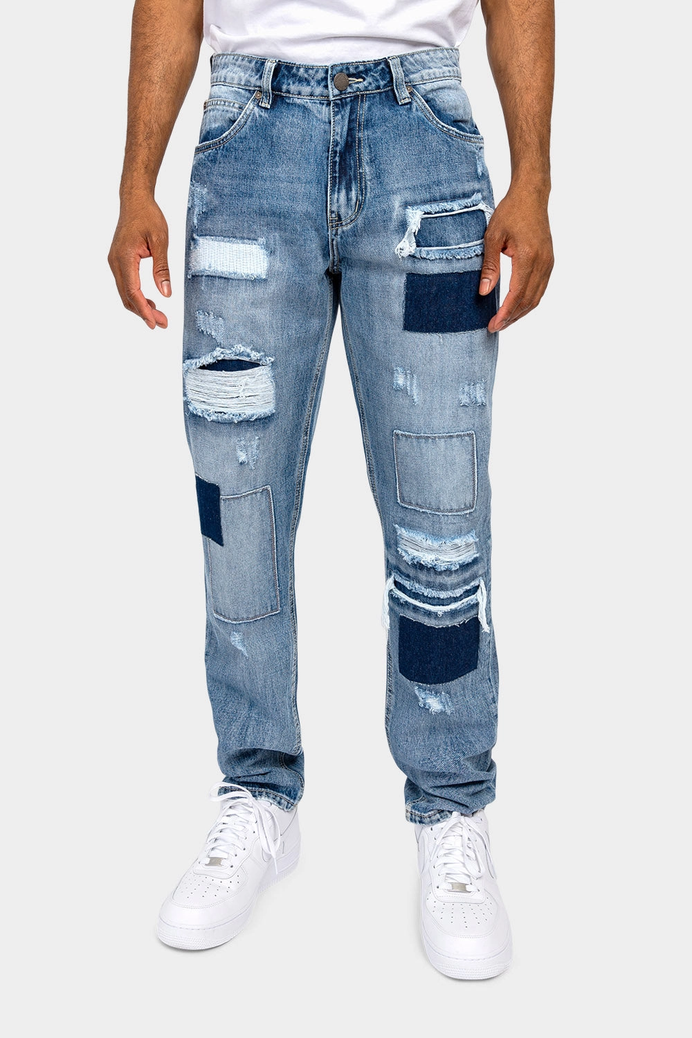 Seamless Waistband All Use Distressed Cut and Repair Patchwork Denim Jeans