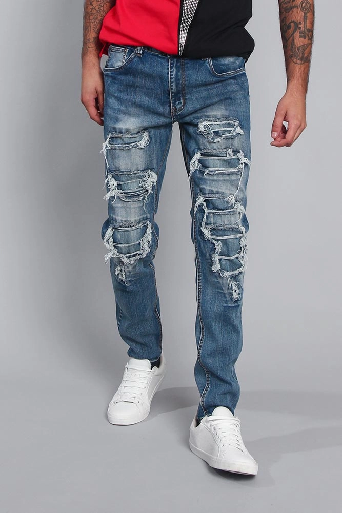 Distressed Denim Jeans Double Needle Stitching WrinkleFreeFinish