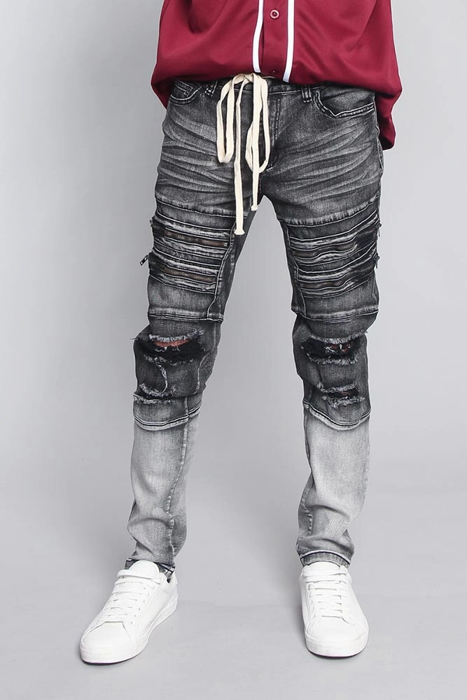 Ripstop Texture Distressed Dip Dyed Denim Jeans