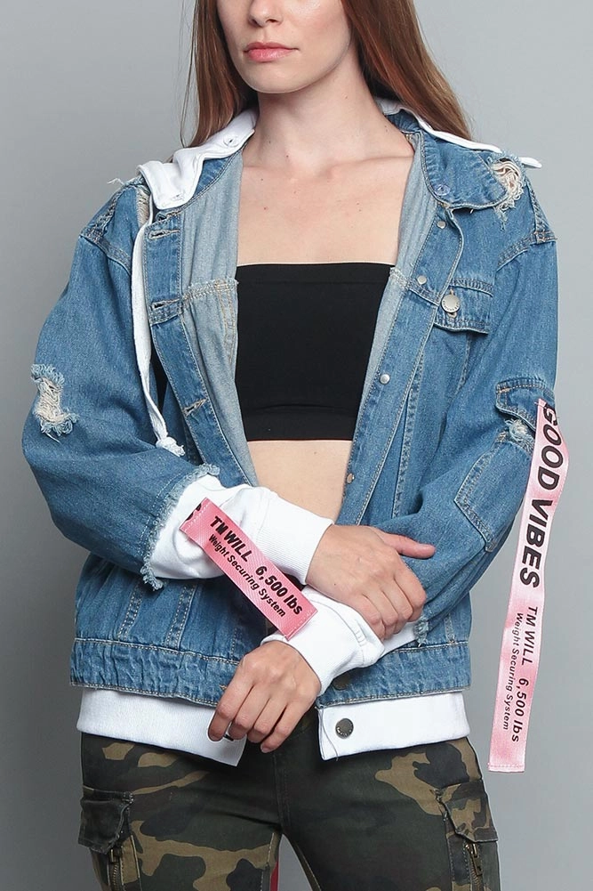 Distressed Double Denim Jacket mesh ventilation